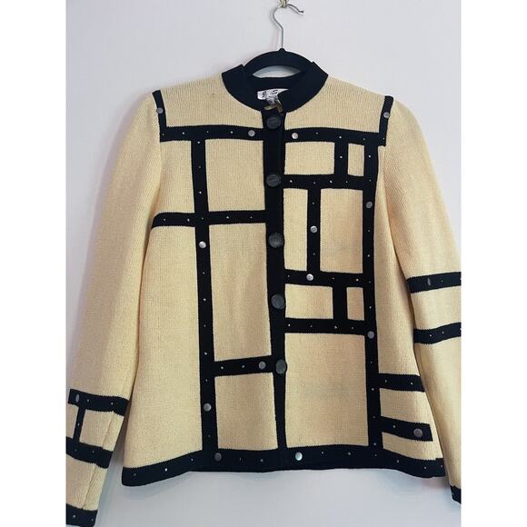 JSS Woman’s Knit Ware Blazer/ Jacket Sz S Yellow / Black strips Wool blend USA - Picture 5 of 11